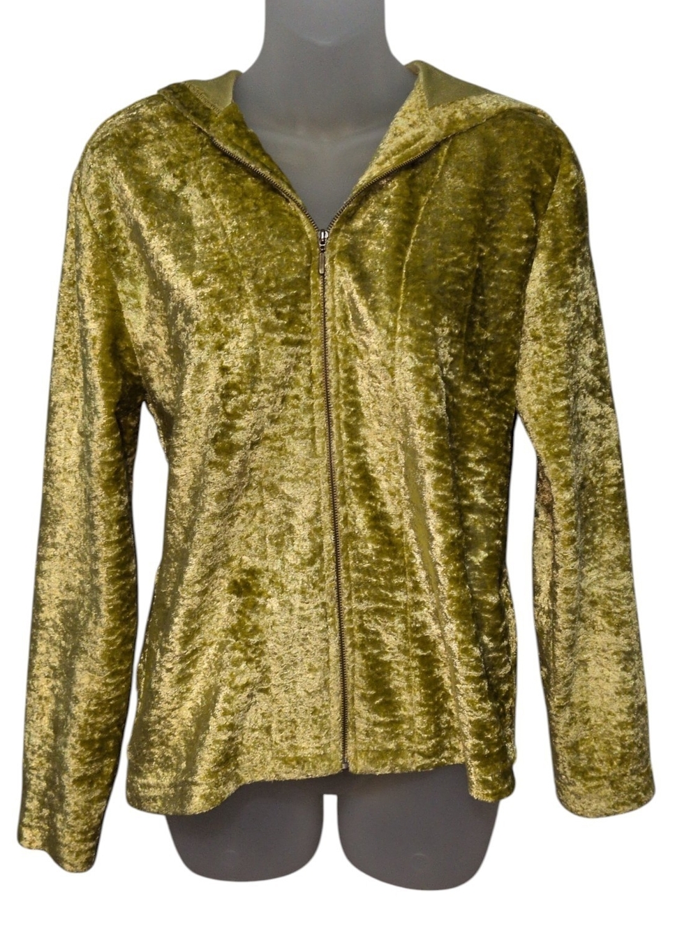 Chico's Size 1 Crushed Velvet Zip Up Hoodie Jacket Chartreuse Green Medium
